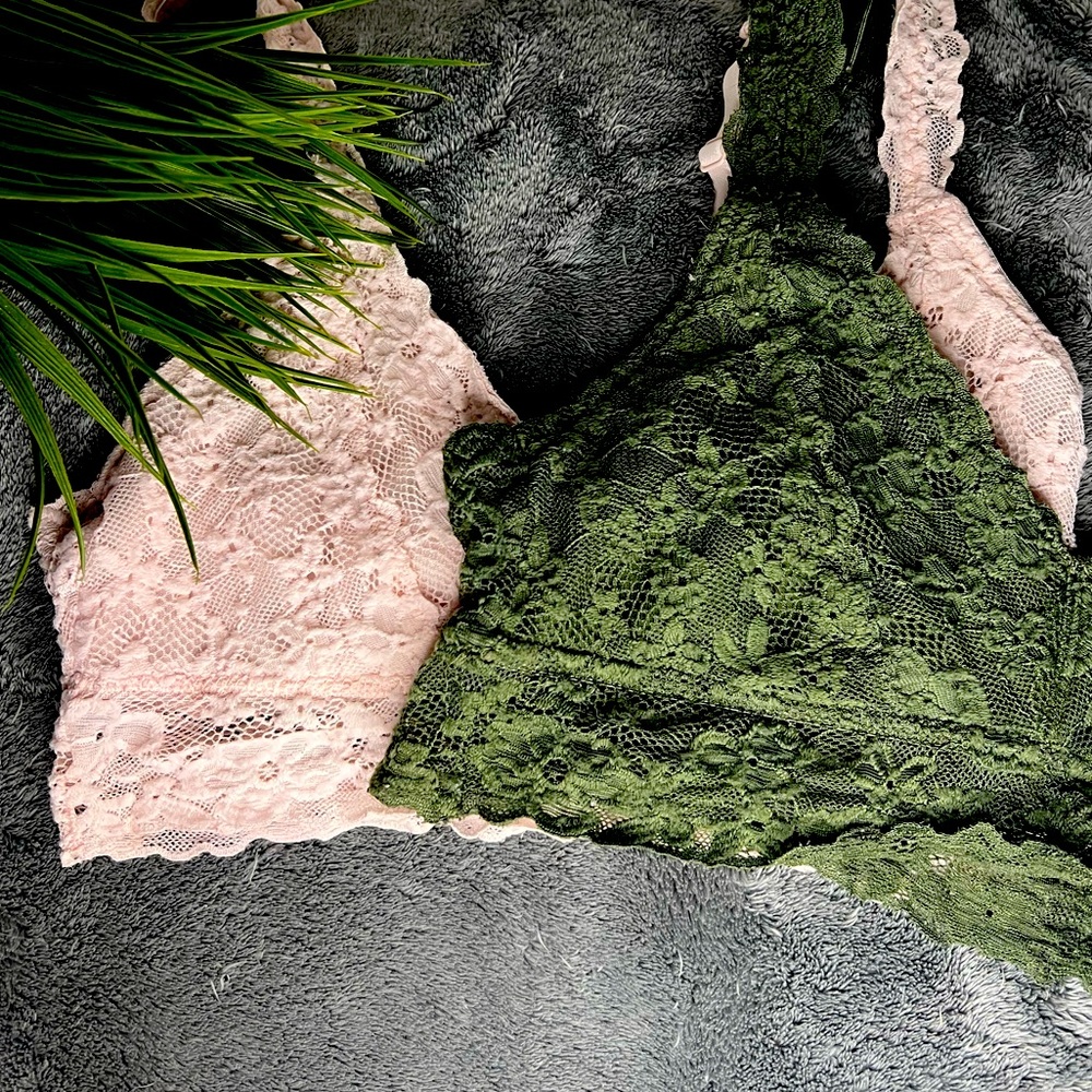 two bralettes baby pink and sage green